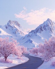 Snowy mountain road with pink cherry blossoms