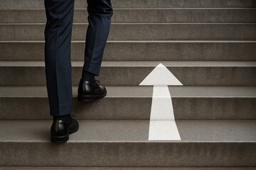 Generative AI:  man legs in shoes climbing stairs with arrow. business. success or progress concept
