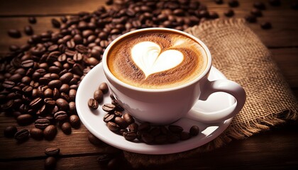 Cup of coffee latte with heart shape. Coffee beans on old wooden background 