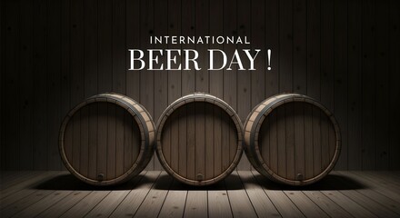 Wooden barrels for beer and brewing. Luxury banner design with text "International Beer Day" for congratulations, advertising, poster for mailings and printing.