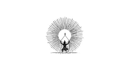 Illustration of archer with bow and arrow standing against a radiant sunburst in black and white style
