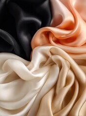 Fototapeta premium Swirling silk fabrics in black, cream, peach, and beige tones