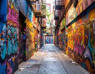 Fototapeta premium Graffiti Alleyway at Dusk — A Colorful Canvas of Urban Expression, Mood, and Creative Contrast