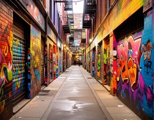 Fototapeta premium Graffiti Alleyway at Dusk — A Colorful Canvas of Urban Expression, Mood, and Creative Contrast