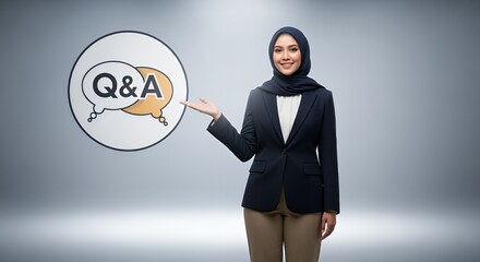 Businesswoman presenting Q&A session.  A professional Muslim woman in a suit, hijab, and confident pose, showcasing a Q&A concept.