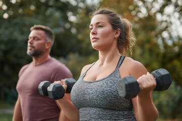 Plus-size athletes doing workout outside