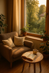 Fototapeta premium Cozy reading nook with coffee and book by the window
