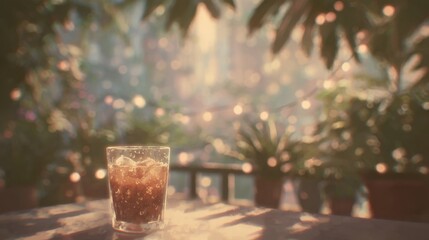Iced Coffee Glass with Urban Balcony Garden in Background