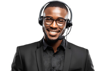A professional young African American call center agent wearing a black headset and glasses, smiling while looking at the camera, isolated on a Transparent background PNG