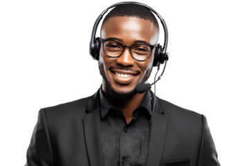 A professional young African American call center agent wearing a black headset and glasses, smiling while looking at the camera, isolated on a Transparent background PNG