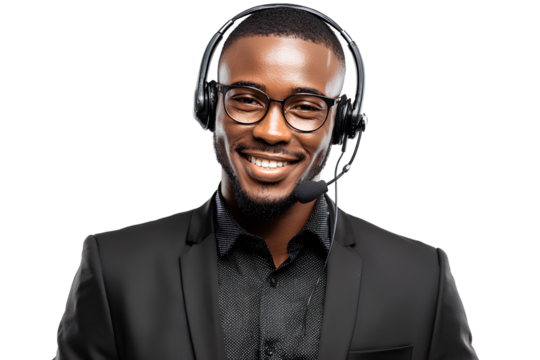 A professional young African American call center agent wearing a black headset and glasses, smiling while looking at the camera, isolated on a Transparent background PNG