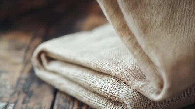Close-up of folded burlap fabric with a rustic, natural texture.