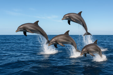 Fototapeta premium Group of dolphins jumping playfully above ocean waves