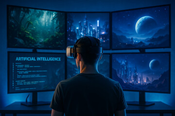Man using virtual reality headset with futuristic screens in background