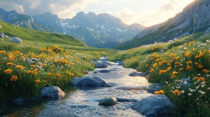 Mountain stream flowing through a meadow filled with wildflowers, under a golden sunset sky.  A serene alpine landscape