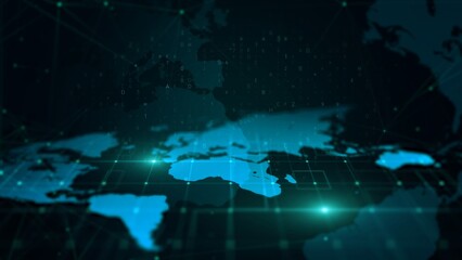 Futuristic Digital World Map with Glowing Network Elements in Dark Blue Tones