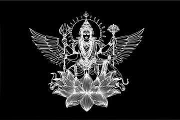 Illustration of a deity with wings holding a trident and lotus flower sitting on a lotus blossom