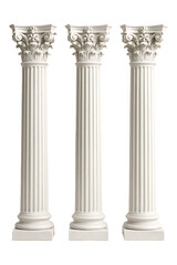 Three white corinthian columns classic architectural design roman greek sculpture element isolated on transparent background