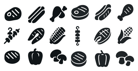 Barbecue and grill silhouette icons set &ndash; solid, outline, cookout and picnic symbols