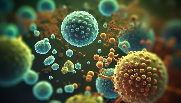 Macro shot of different types of microbes. Virus cells and bacteria on abstract background