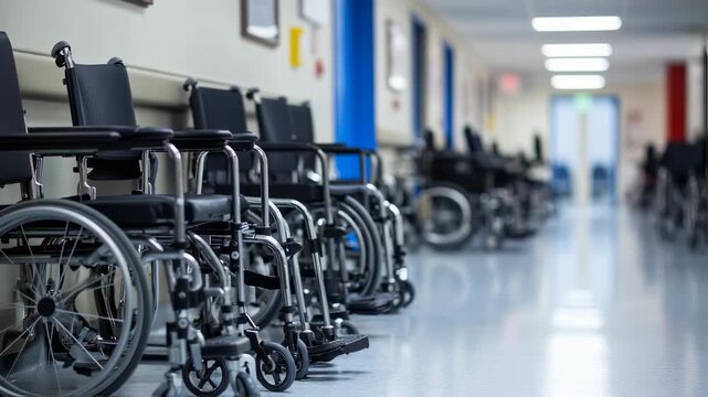Wheelchairs in Hospital Hallway Awaiting Patients Requiring Medical Assistance and Support