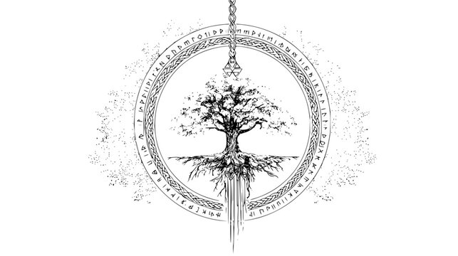 Illustration of a tree with roots and branches inside a rune circle with a valknut symbol above it