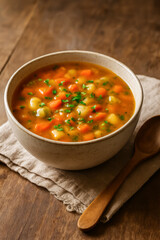 Delicious vegetable soup served in a rustic bowl on table