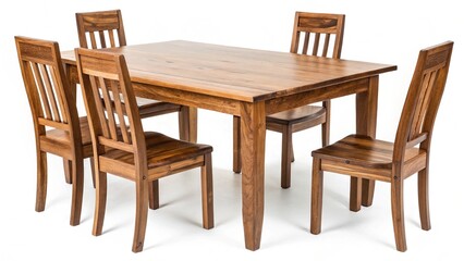 A wooden dining table and chairs arranged elegantly on a white background