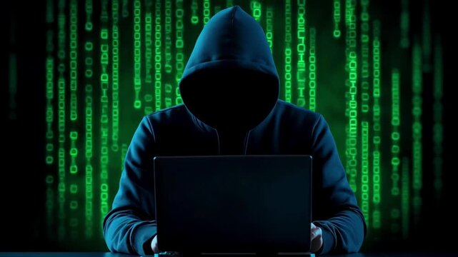 Mysterious hacker working on a laptop in a digital environment
