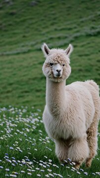 Cute and Fluffy Alpaca Smiling in a Field of Wildflowers