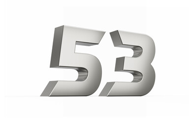 3d Silver number 53 Fifty three sleek metallic look isolated on white background, 3d illustration