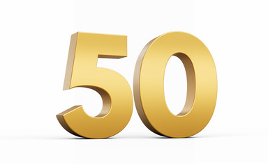 3D Golden number 50 Fifty isolated on white background, 3d illustration
