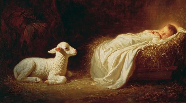 The Lamb of God, a perfect, spotless white lamb, lies peacefully at the foot of the cross, symbolizing Jesus' sacrifice.

