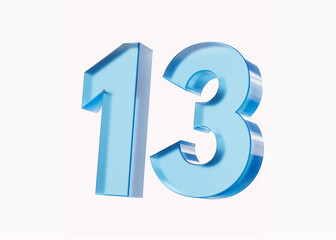 3d Glossy Blue number 13 or Thirteen isolated on white background. 3d illustration
