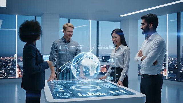Diverse business team analyzes holographic globe data in futuristic office - Powered by Adobe