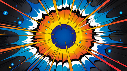 Comic book style explosion background, vibrant colors, dynamic energy bursts, bold lines, dramatic impact, high contrast