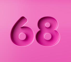 Vibrant pink number 68 Sixty eight embossed on a pink background, 3d illustration