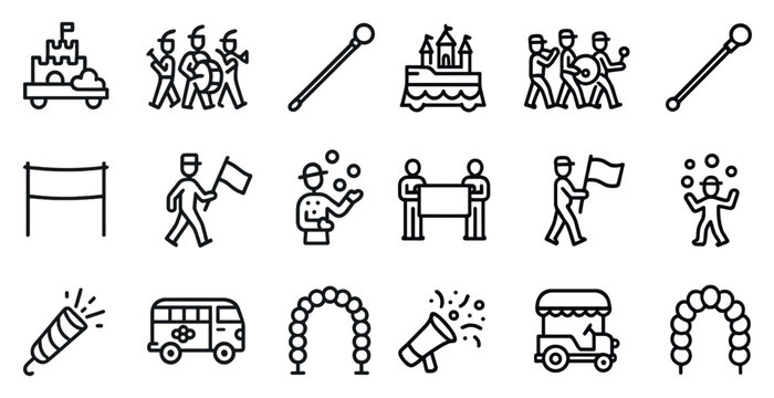 Parade and celebration icons set &ndash; outline, linear, festivity and event graphics