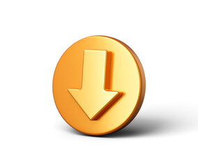 3D Golden icon with a downward arrow symbol, symbolizing download or downward direction, 3d illustration