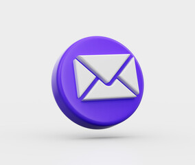 3D White envelope on a Purple circular button, symbolizing email and messaging. 3d illustration