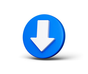 3D White downward arrow on a blue circular icon, symbolizing download or downward direction, 3d illustration