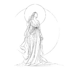 Line art of a woman in a flowing dress with a circular halo behind her standing gracefully in a sketch