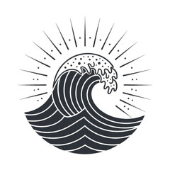 Ocean wave vector icon with a sunburst, a minimalist logo for surfing and nature, isolated on a transparent background