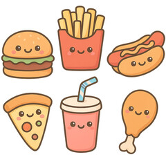 isolated transparent kawaii fast food illustration, cute fast food character clipart, kawaii fast food design on White Background PNG die-cut for advertising, Cute junk food illustration for sticker 