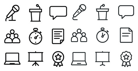 Communication and presentation line icons set – outline, speech, and meeting symbols
