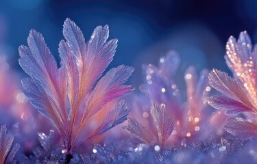 Delicate, frosted leaves in soft pink and blue light, shimmering with ice crystals