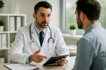 Fototapeta premium Male doctor explaining treatment to patient in clinic setting