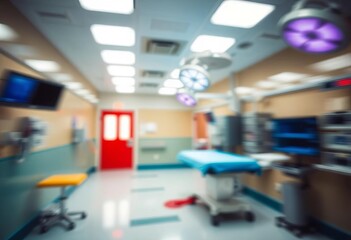 Fototapeta premium Blurred motion in hospital ER; out-of-focus background, defocused, urgency