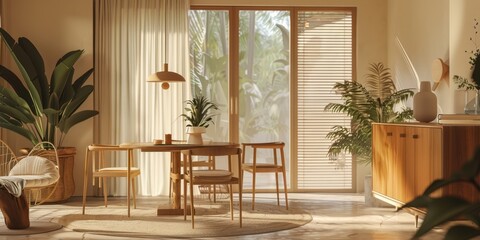 Fototapeta premium Minimalist Wood Dining Table Small Luxurious Dining Room Tropical Interior