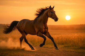 Majestic horse running at sunset in golden landscape